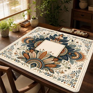 Folk Textile Mandala Mahjong Mat, Cross-Cultural Folk-Embroidery Game Mat | Deep Indigo, Terracotta, Cream & Sage Non-Slip Mat