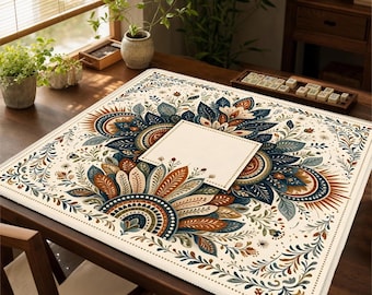 Folk Textile Mandala Mahjong Mat, Cross-Cultural Folk-Embroidery Game Mat | Deep Indigo, Terracotta, Cream & Sage Non-Slip Mat
