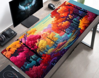 Pode incluir: Uma impressão de arte abstrata colorida de uma floresta com árvores em tons de vermelho, laranja, amarelo, verde, azul e roxo. A impressão apresenta uma representação estilizada de uma floresta com um riacho que a atravessa.