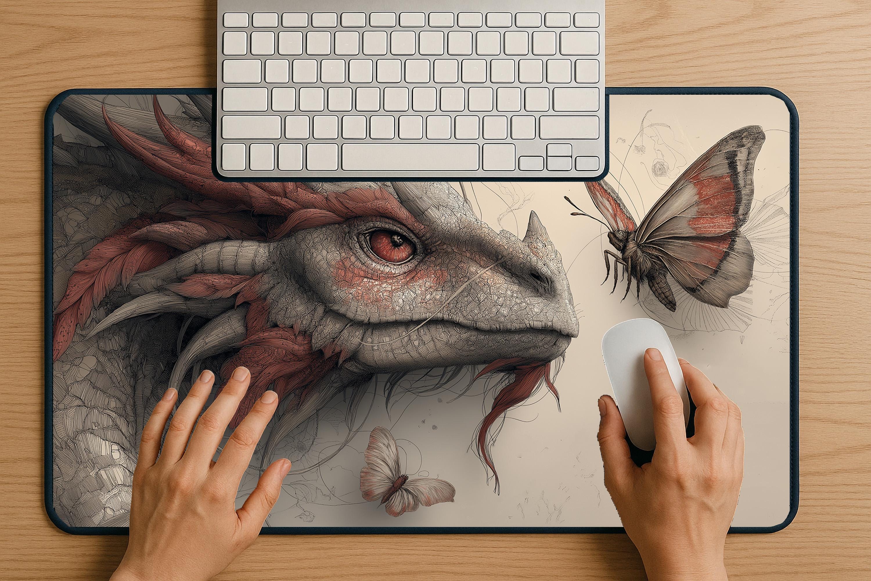 ドラゴンと蝶のファンタジーデスクマット - オフィスやゲームに最適な