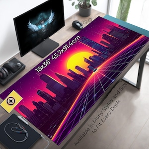 Alfombrilla de escritorio Synthwave Cityscape: alfombrilla de ratón grande con diseño neón retro de los 80
