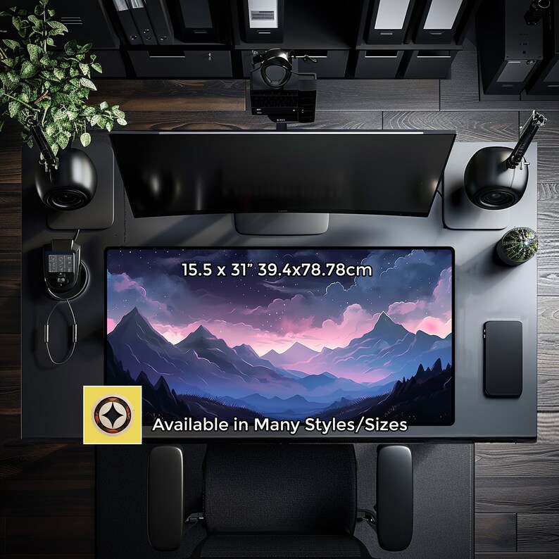 May include: A purple and pink mountain range desktop mat with a starry sky. The mat is 15.5 inches by 31 inches and is available in many styles and sizes.