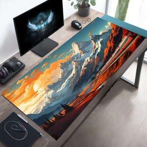 Pode incluir: Uma paisagem montanhosa colorida com um comboio vermelho a viajar por um vale. O céu é de um laranja e amarelo vibrantes, com nuvens brancas e fofas. As montanhas são cobertas de neve e o vale é exuberante e verde.