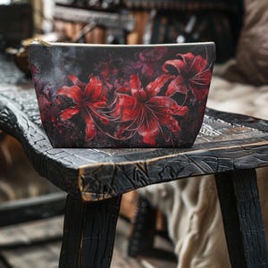 Op de afbeelding: Een zwarte ritszak met een bloemenpatroon. De tas heeft rode lelies op een donkere achtergrond met een aquareleffect.