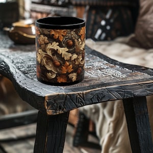 May include: A black ceramic mug with a fall-themed design featuring brown, gold, and cream leaves and acorns. The mug is sitting on a dark wooden table.