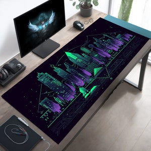 Futuristic Aztec City Desk Mat - Neon Green & Purple, Modern Flat Design, Gaming Mouse Pad, Vibrant Workspace Decor, Unique Office Accessory