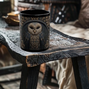 Medieval Barn Owl Mug - Dark Aesthetic Medieval Owl Mug - Owl Coffee Cup - Owl Gifts - 11oz or 15oz Black Ceramic Mug