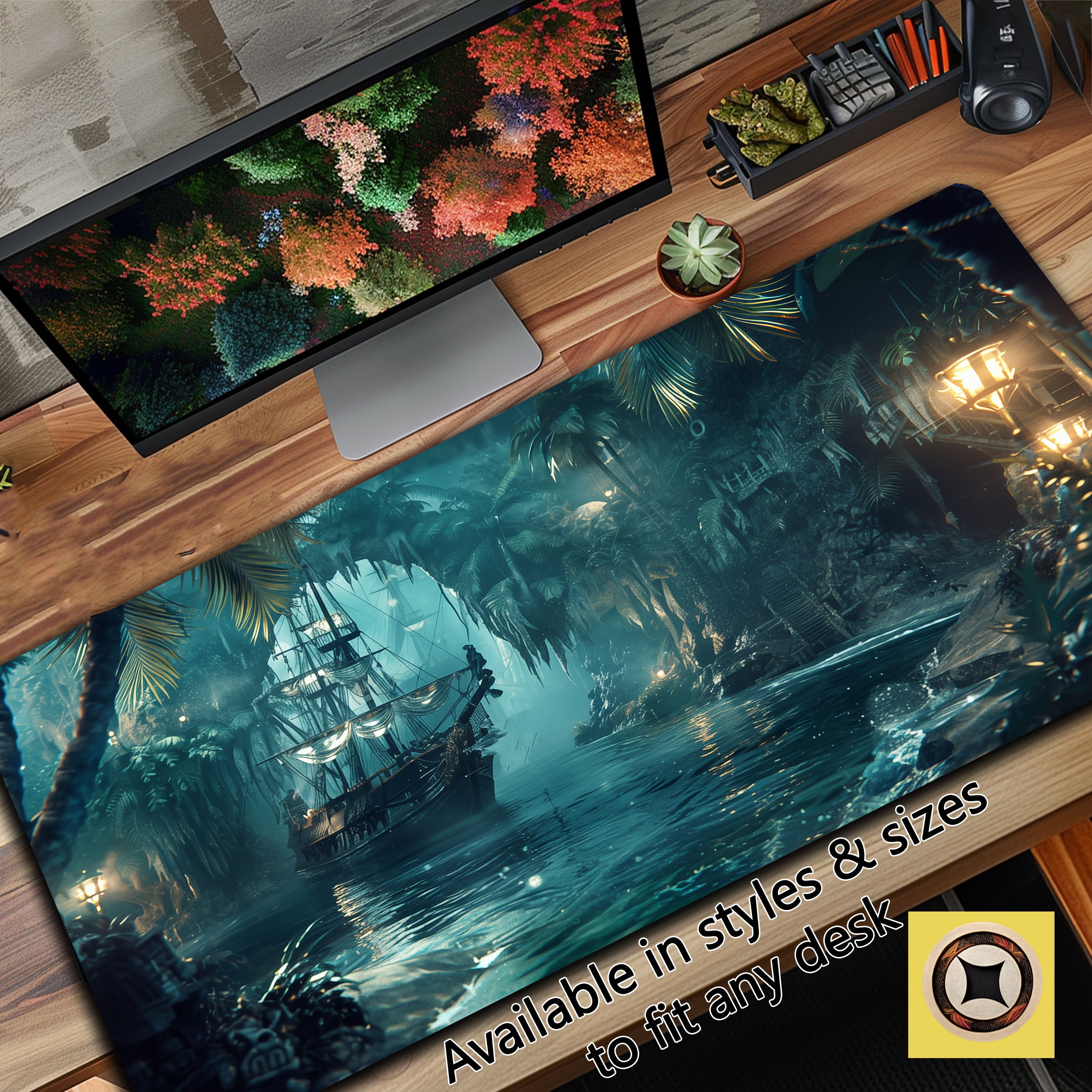 Tapis de bureau de jeu, bateau pirate dans une jolie crique isolée, eaux turquoises, lueur bleue, lieu mystérieux