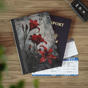 Bonita libreta de pasaporte con diseño de lirio rojo y araña gótica, funda para pasaporte, porta pasaporte, estuche para pasaporte, billetera para pasaporte, funda para pasaporte de piel sintética