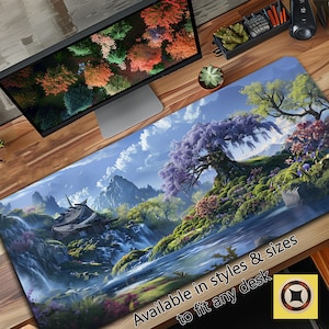Minka Cascades Cute Desk Decor, Japanese Office Mat, Fantasy Japan Desk Mat, Aesthetic Mousepad, Asian Mouse Pad, Gift for Japan Lover