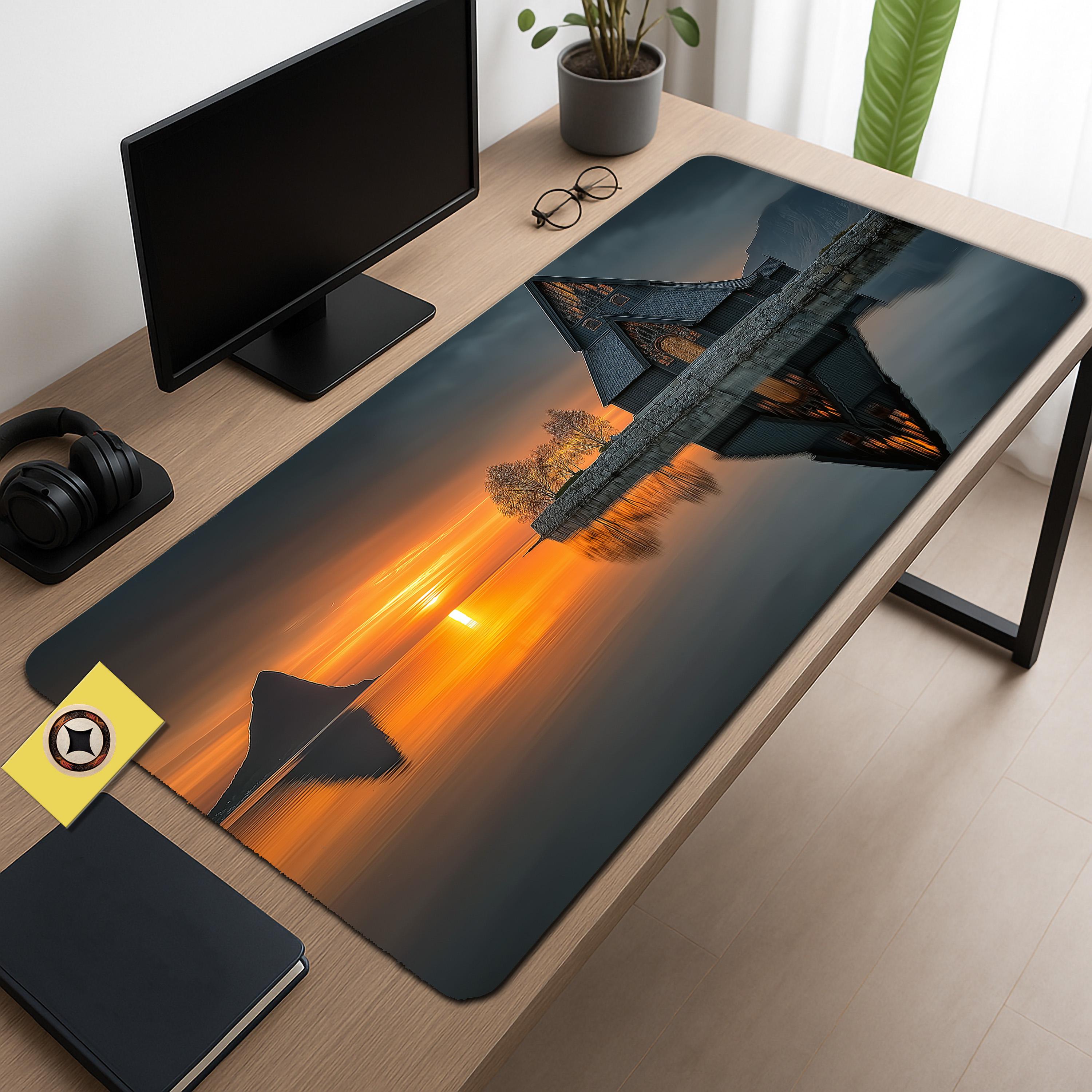 Viking Church Sunset Desk Mat – Serene Scandinavian Landscape Mouse Pad