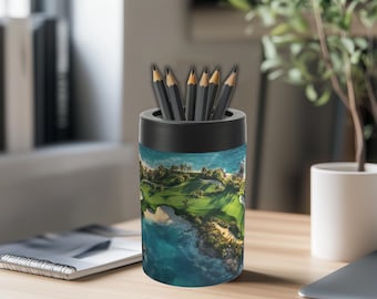 Golf Lovers Pencil Holder - Golf Lovers Desk Decor - Gift for Dad - Fathers Day Gift - Fantasy Seaside Golf Course Pencil Cup - Pen Holder