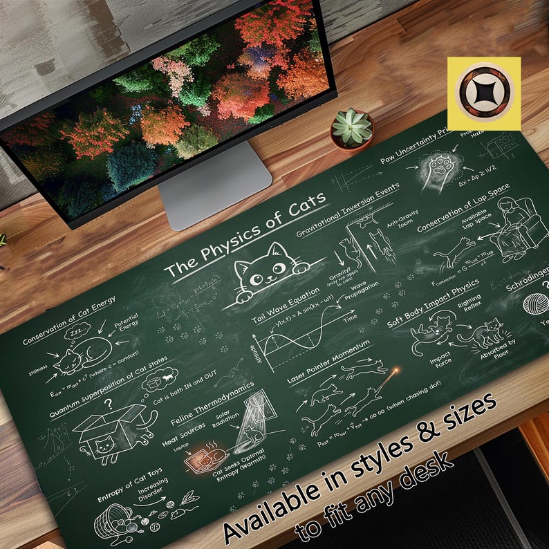 May include: A green desk mat featuring a chalkboard-style design with cat-themed physics equations and diagrams. The text "The Physics of Cats" is prominently displayed. The mat is available in various sizes to fit any desk.