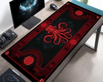 Tapis de bureau Octopus aztèque, sous-vêtement XL esthétique, tapis de souris géométrique, accessoire de jeu rouge noir, tapis de souris XXL élégant, tapis de bureau unique