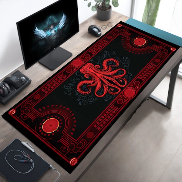 Aztec Octopus Desk Mat, Aesthetic XL Desk Pad, Geometric Mouse Pad, Red Black Gaming Accessory, Stylish XXL Mousepad, Unique Deskmat