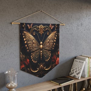 Gothic Gilded Moth Wall Pennant, Goth Wall Art, Goth Room Decor, Dark Academia Home Decor, Goth Gifts, Gothic Pennant, Goth Pannant