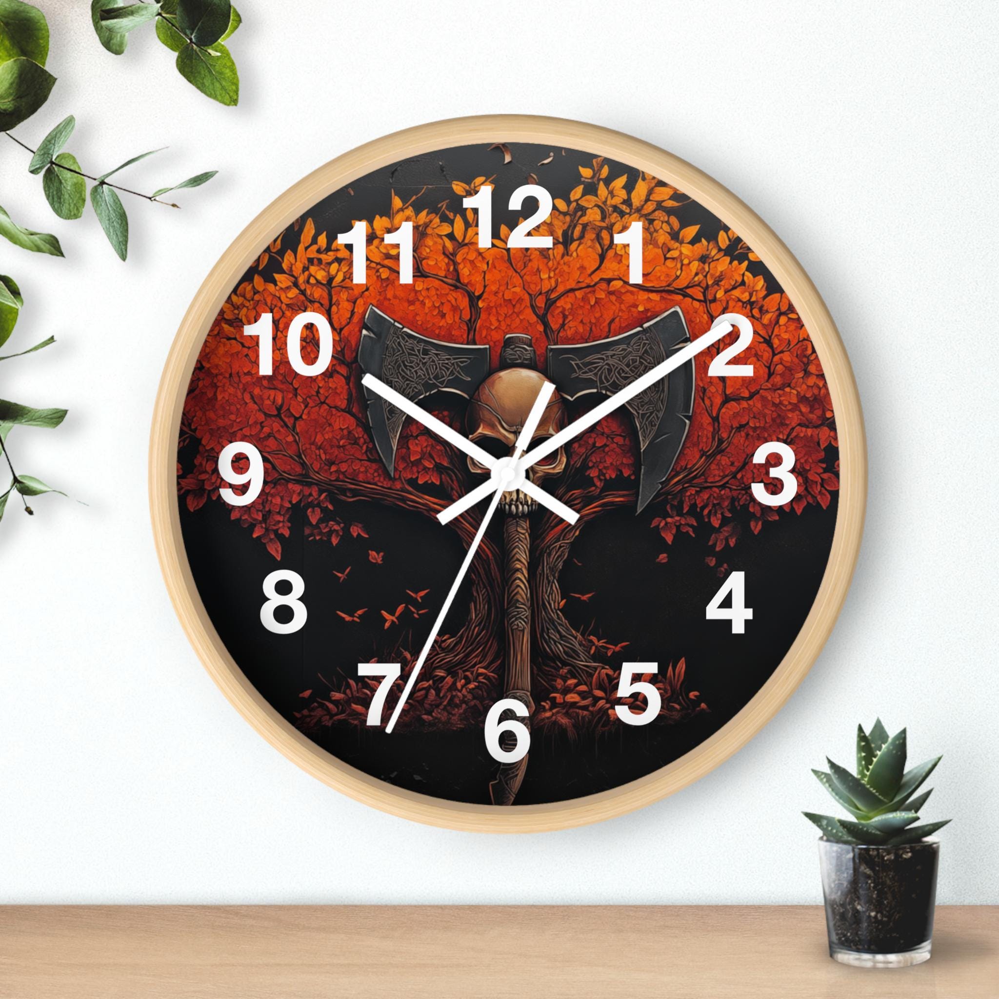 Autumn Tree Wall Clock with Viking Axe and Skull Design