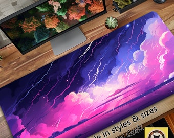 Podkładka pod mysz inspirowana anime Electric Skies, pastelowy róż i niebieskie niebo XL, podkładka pod mysz do gier, podkładka LED na biurko, prezent dla gracza