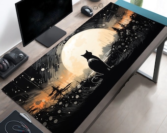 Alfombrilla de ratón para juegos Black Cat Full Moon Dreams XL, alfombrilla de juego para gatos TCG, bonita alfombrilla de ratón con diseño de gato, decoración de gato blanco y negro, regalos para gatos