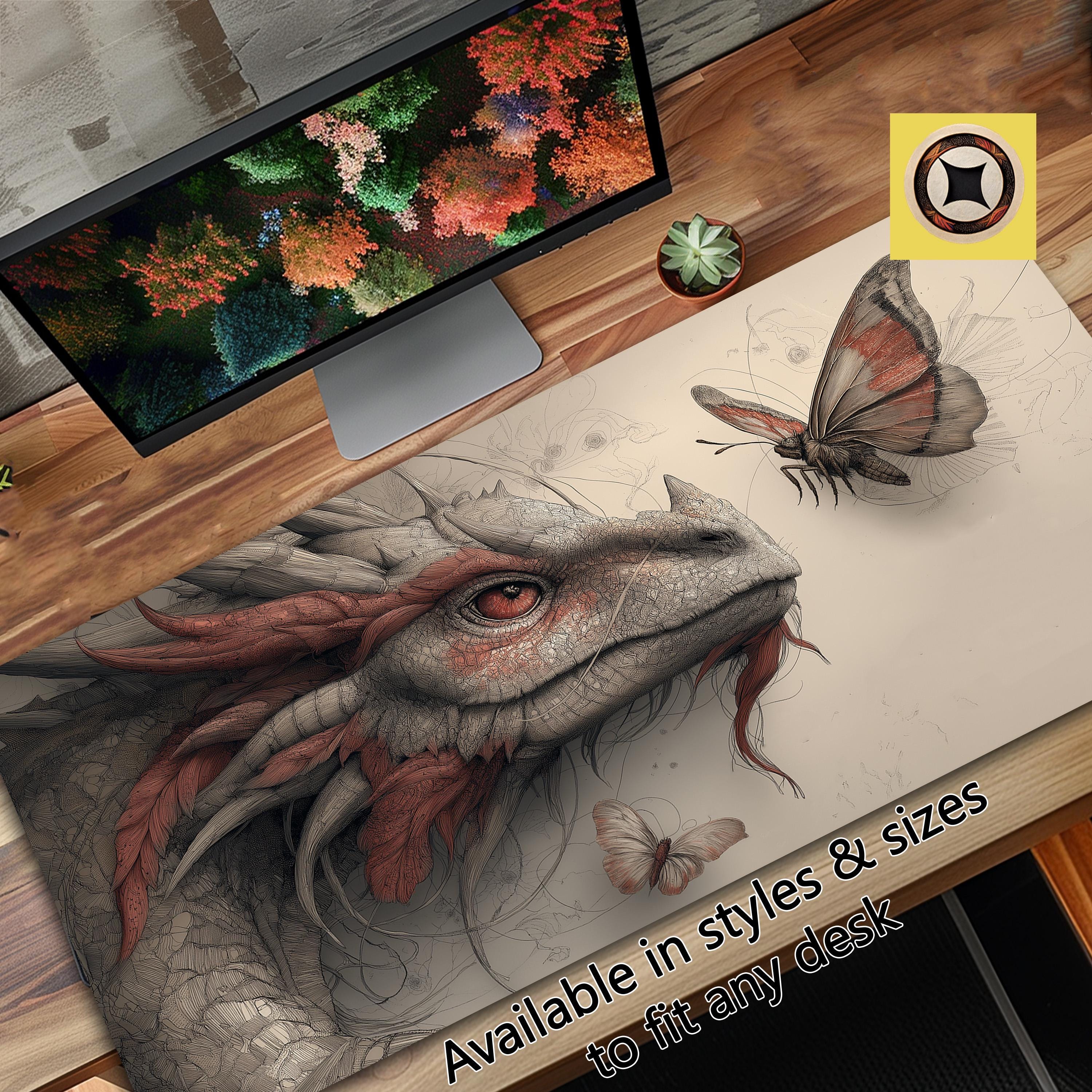 ドラゴンと蝶のファンタジーデスクマット - オフィスやゲームに最適な