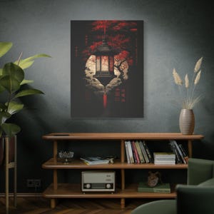 Japanese Lantern, Sakura and Moon Canvas Art Print - Japanese Home Wall Art - Office Wall Decor - Living Room Decor