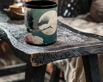 Japanese Crane Mug - Japanese Mug - Japan Art Mug - Asian Art Mug - Japan Gifts - 11oz or 15oz Black Ceramic Mug