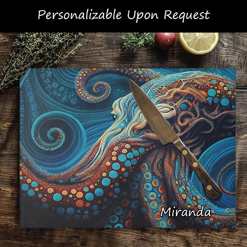 Glass Cutting Board, Octopus Kitchen Decor, Beach Home Kitchen, Unique Kitchen Accessory,Octopus Cutting Board, Veg Cutting Board, Chef Gift image 19