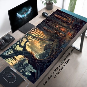 Fantasy Forest Sancturary Gaming Desk Pad, tapis de souris XL, tapis de bureau livresque, décoration de bureau pour les amateurs de livres d'aventures, tapis de jeu en cartes