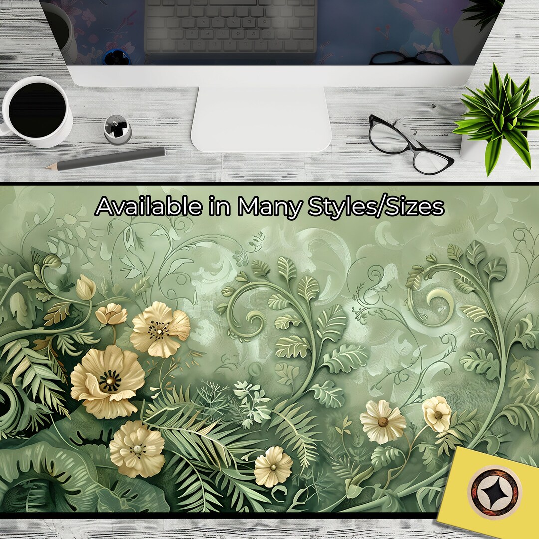Art Nouveau Green Aesthetic Desk Top Cover, Cute Desk Mat, Aesthetic