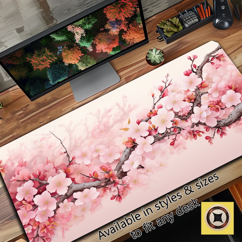 May include: A pink and white desk mat with a floral design featuring a branch of cherry blossoms. The text "Available in styles & sizes to fit any desk" is at the bottom of the mat.