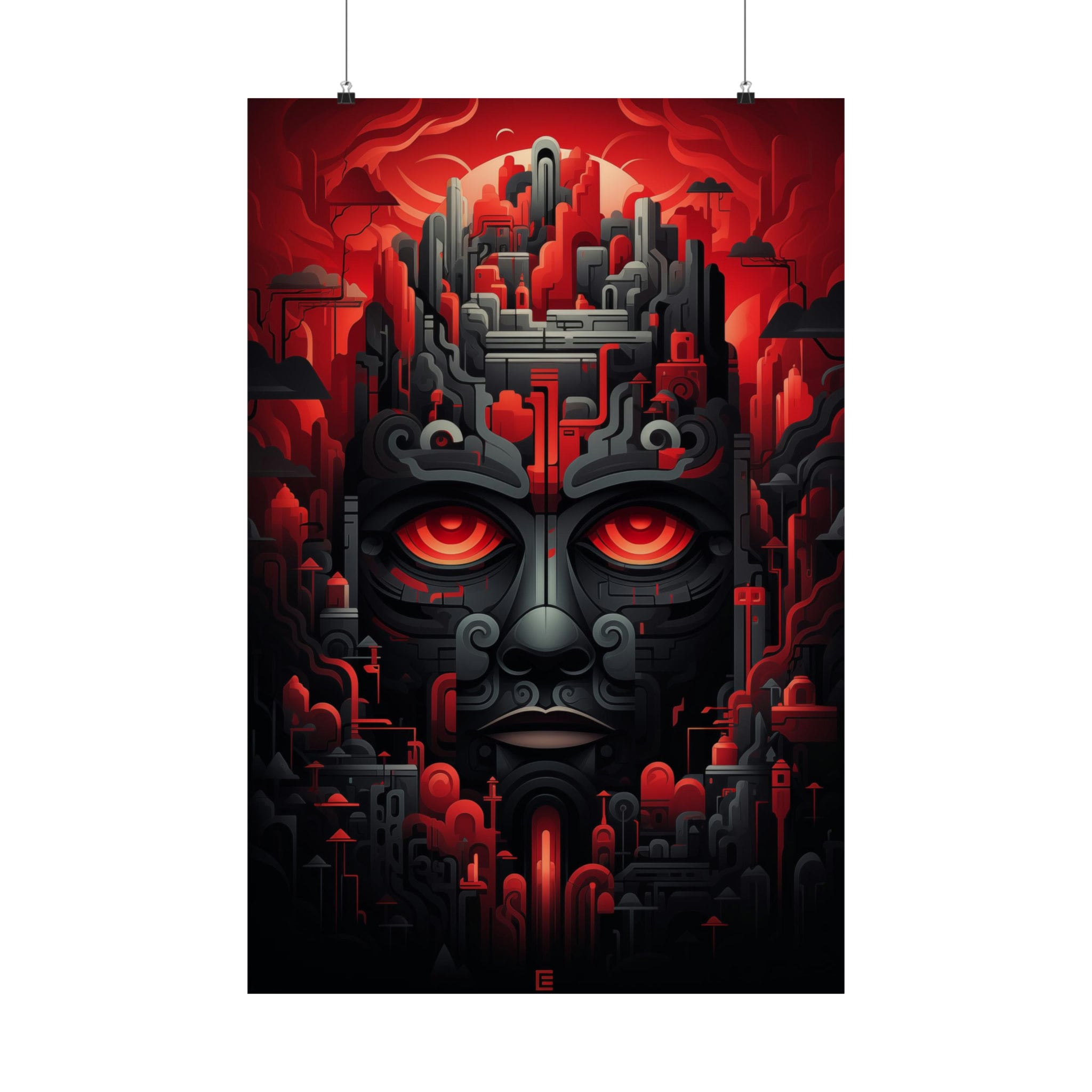 Mayan Fantasy Abstract Face Art Print in Red and Black