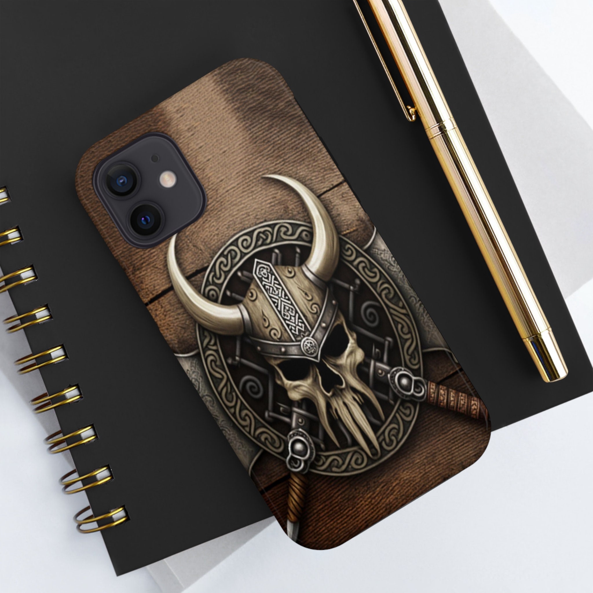 Bronze Viking Helmet Skull iPhone Case with Wood Grain Background