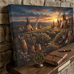 May include: A canvas print showing a Native American village at sunset. The artwork features teepees, a campfire, and a field of berries. A leather-bound journal, a sundial, and a pen rest on a wooden shelf in front of the print.
