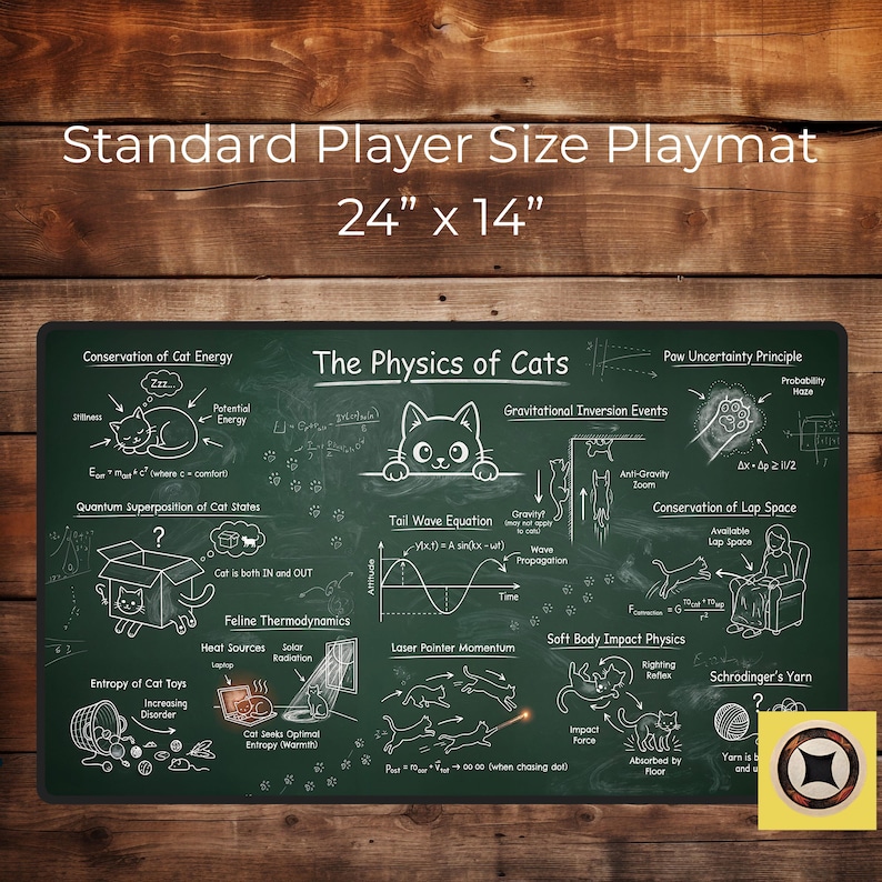 May include: A green playmat with the text "Standard Player Size Playmat" and dimensions of 24" x 14". The mat features a chalkboard-style design with cat-themed physics diagrams and illustrations. The title "The Physics of Cats" is prominently displayed.