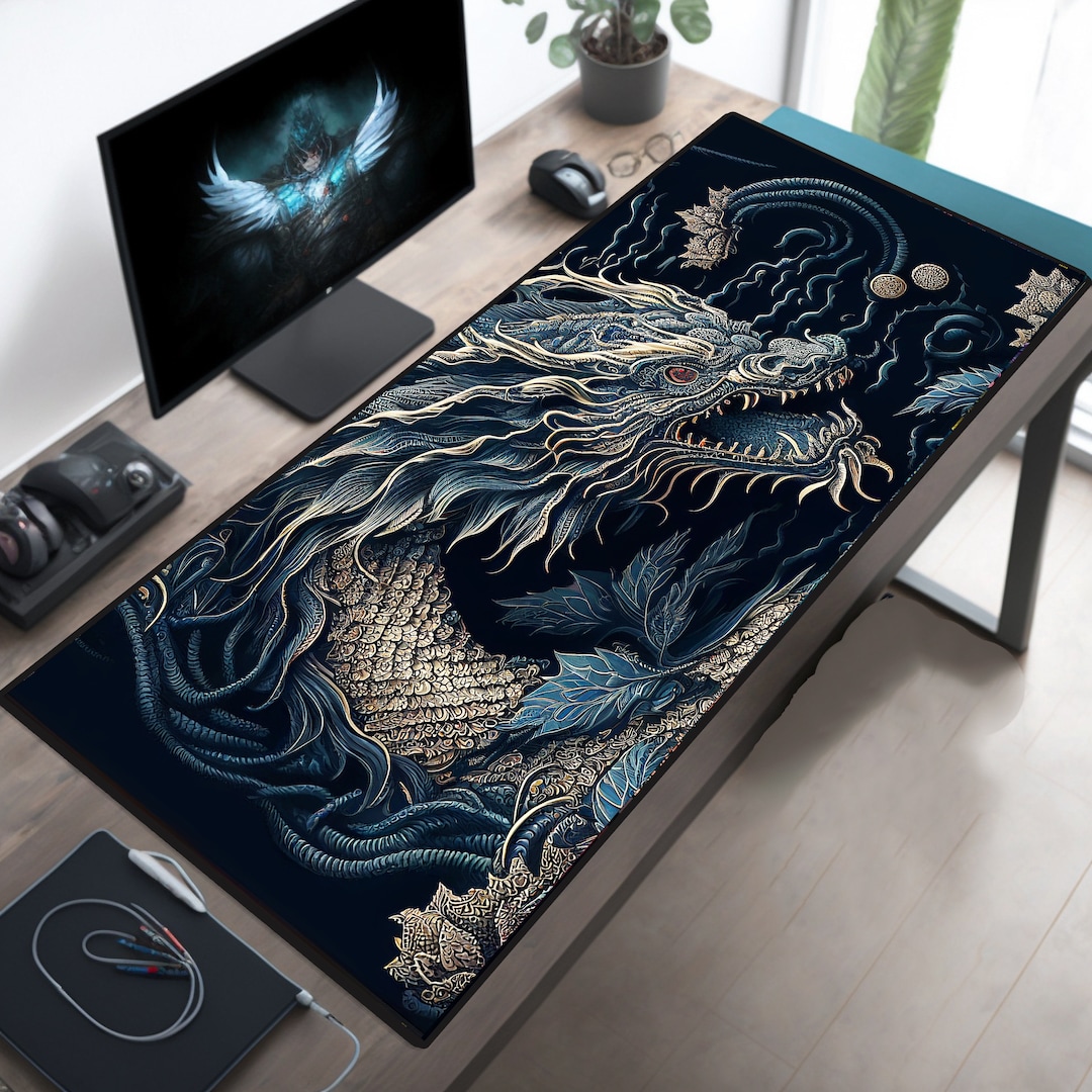 Desk Mat, Oriental Japanese Dragon Large Desk Pad, Extend Gaming Mouse