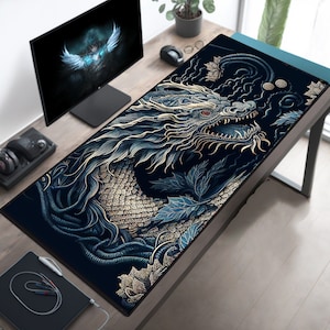 Desk Mat, Oriental Japanese Dragon Large Desk Pad, Extend Gaming Mouse Pad, Chinese Dragon Mousepad Mousemat, Deskpad Deskmat Mousepad