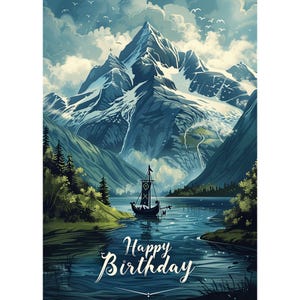 Cartão de feliz aniversário Viking Longboat, Cartão de aniversário Viking, Aniversário nórdico, Aniversário nórdico, Cartão de download instantâneo, Design de cartão para impressão em casa