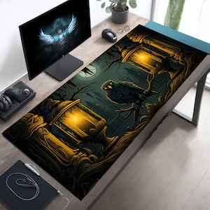 Midnight Raven Desk Mat, Spooky Mouse Pad, Gothic Office Decor, Fantasy Mousepad, Gaming Mousepad XL, Extended Mousemat