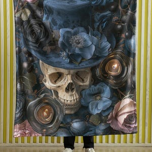 Dark Academia Victorian Skull Hat and Flowers Fleece Blanket - Goth Throw Blanket - Horror Blanket - Gift for Girlfriend