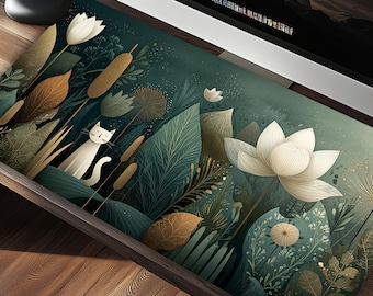 Cute Desk Mat Mousepad - Whimsical White Cat in a Surreal Floral Dreamscape - Cat Desk Pad - Cat Desk Decor