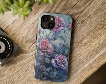 May include: A phone case with a floral design featuring pink and purple roses on a blue background.
