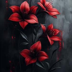 May include: A painting of four red lilies with dark green stems and leaves against a dark gray background with red splatter paint.