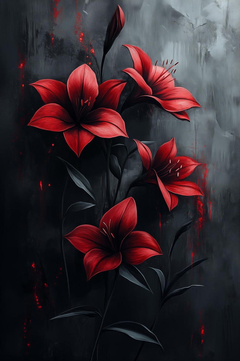 May include: A painting of four red lilies with dark green stems and leaves against a dark gray background with red splatter paint.