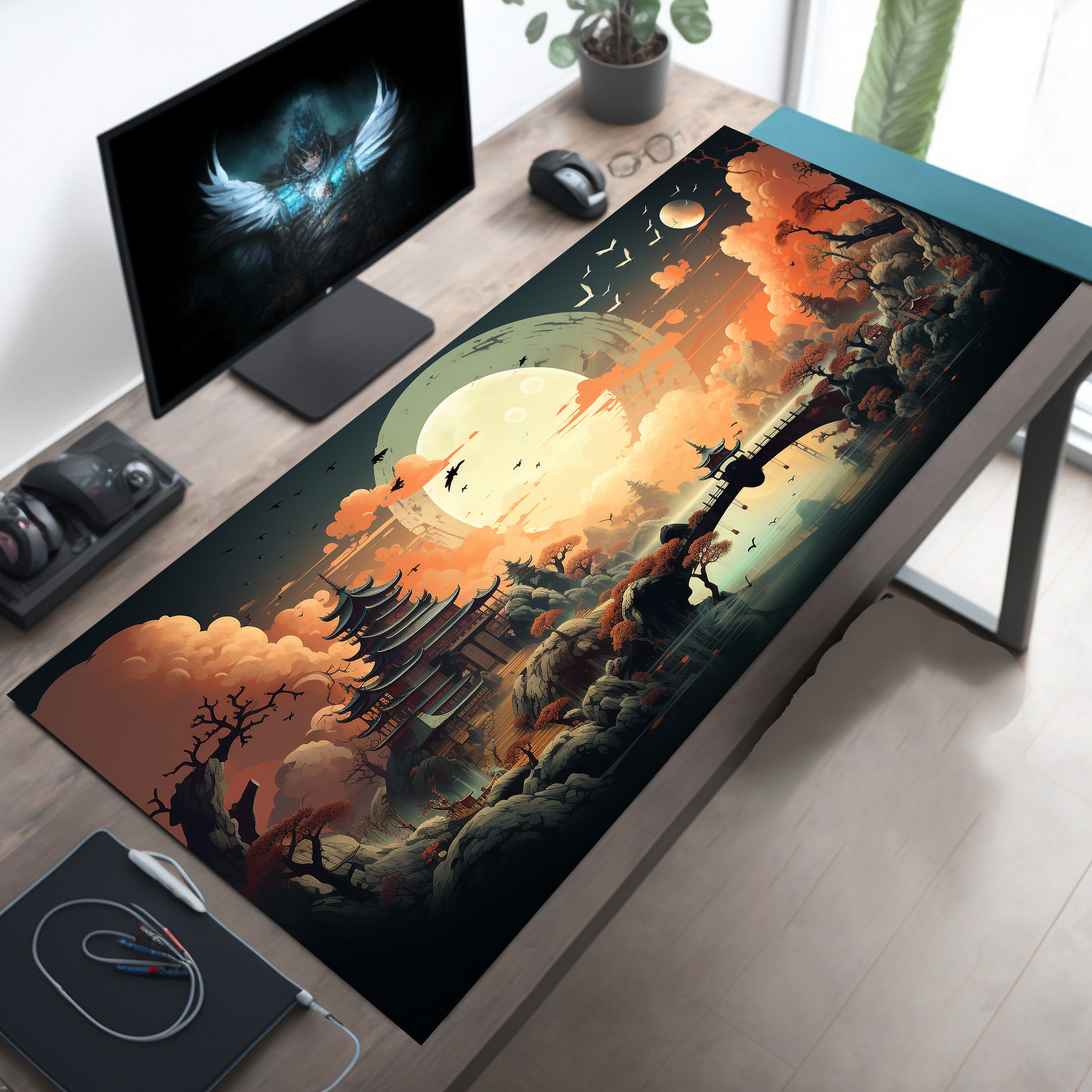 Cloud Shrouded Fantasy Japanese Village, Long Mouse Pad, Extra