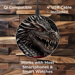 May include: A black wireless charging pad with a dragon design. The charging pad is Qi compatible and includes a 4' USB cable. It works with most smartphones and smartwatches.