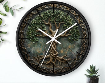 Fantasy Celtic Tree of Life Round Wall Clock - Game Room Decor - Gamer Gift - Fantasy Home Decor - Office Wall Decor