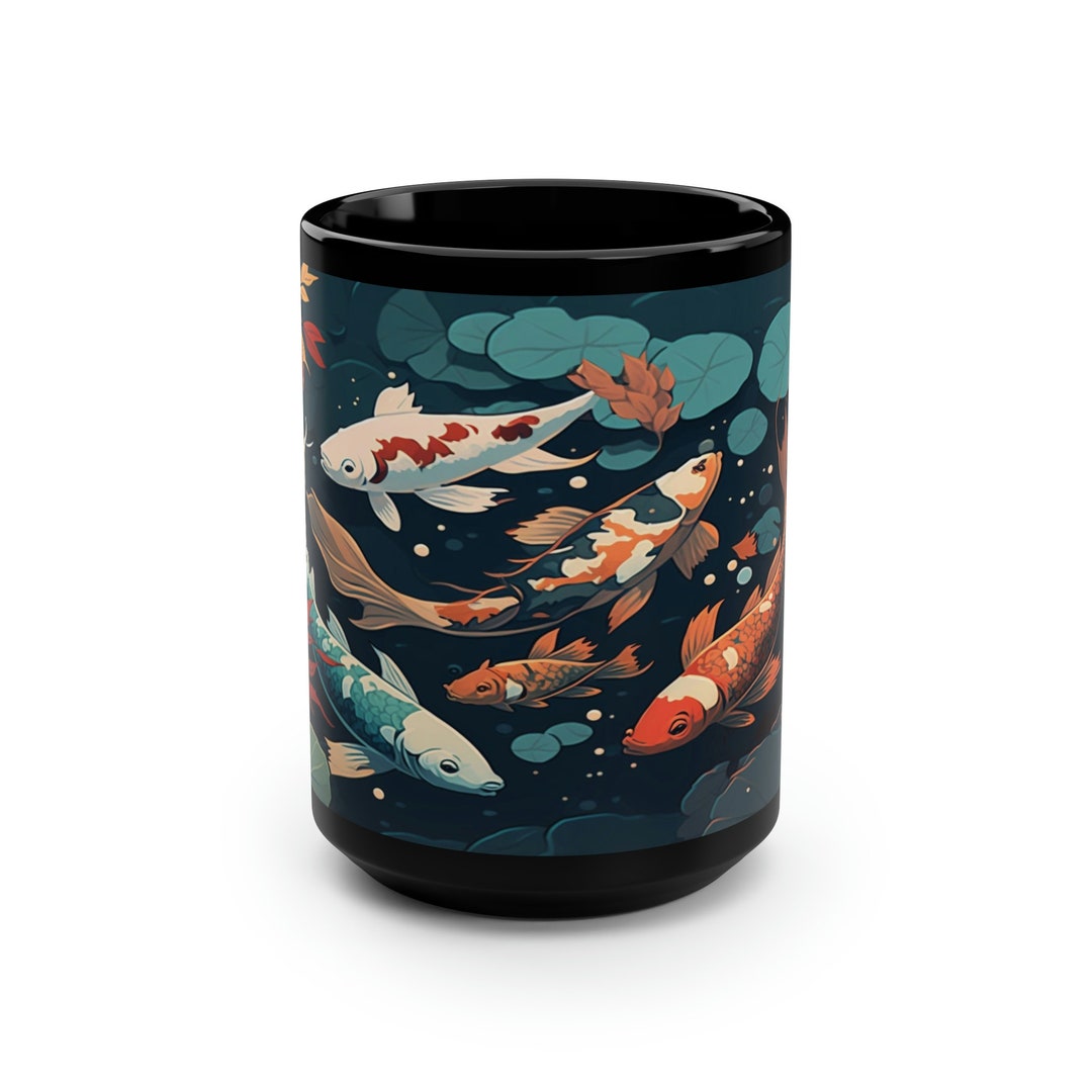 Koi Fish Coffee Mug, 15oz, Japanese Coffee Mug, Japan Coffee Mug, Black