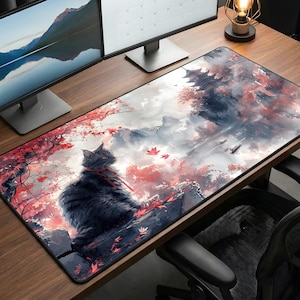 Decoração de mesa com gato japonês em aquarela, decoração de escritório japonesa, mousepad japonês, tapete de rato japonês, tapete de mesa com gato japonês, presentes japoneses