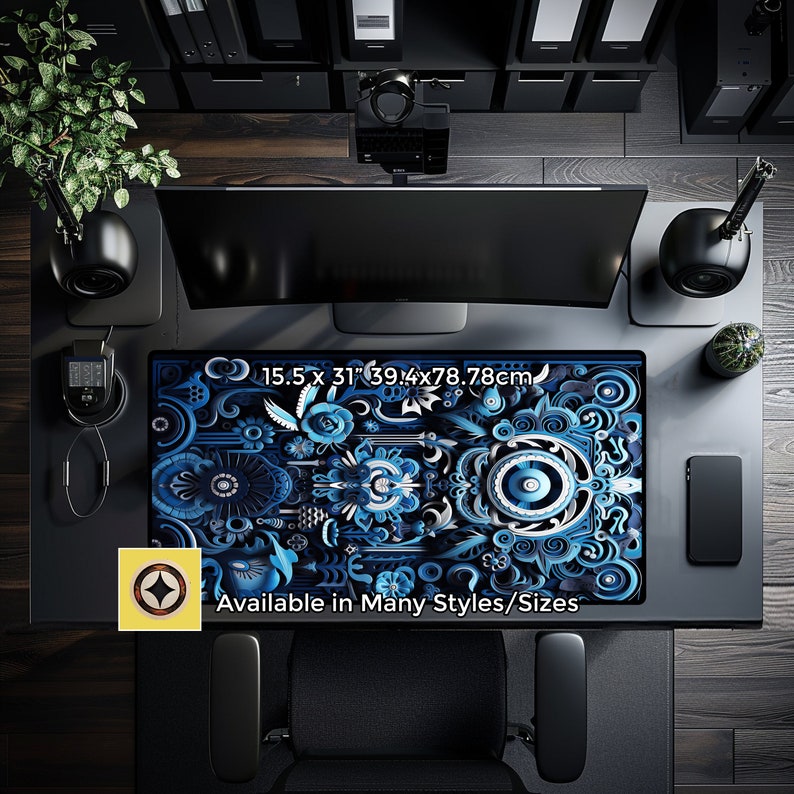 Extended Mousepad, Blue Mayan Royal Abstract Print, Gaming Mouse Pad