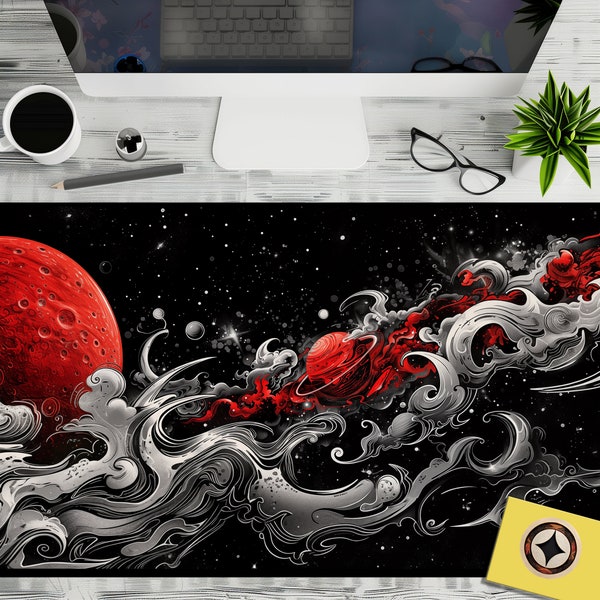 Desk Pad Featuring Artisan Deep Space Fantasy in Red and Black, Oversized Mouse Pad, Extended Mousepad, Lofi Desk Mat, Gaming Desk Decor